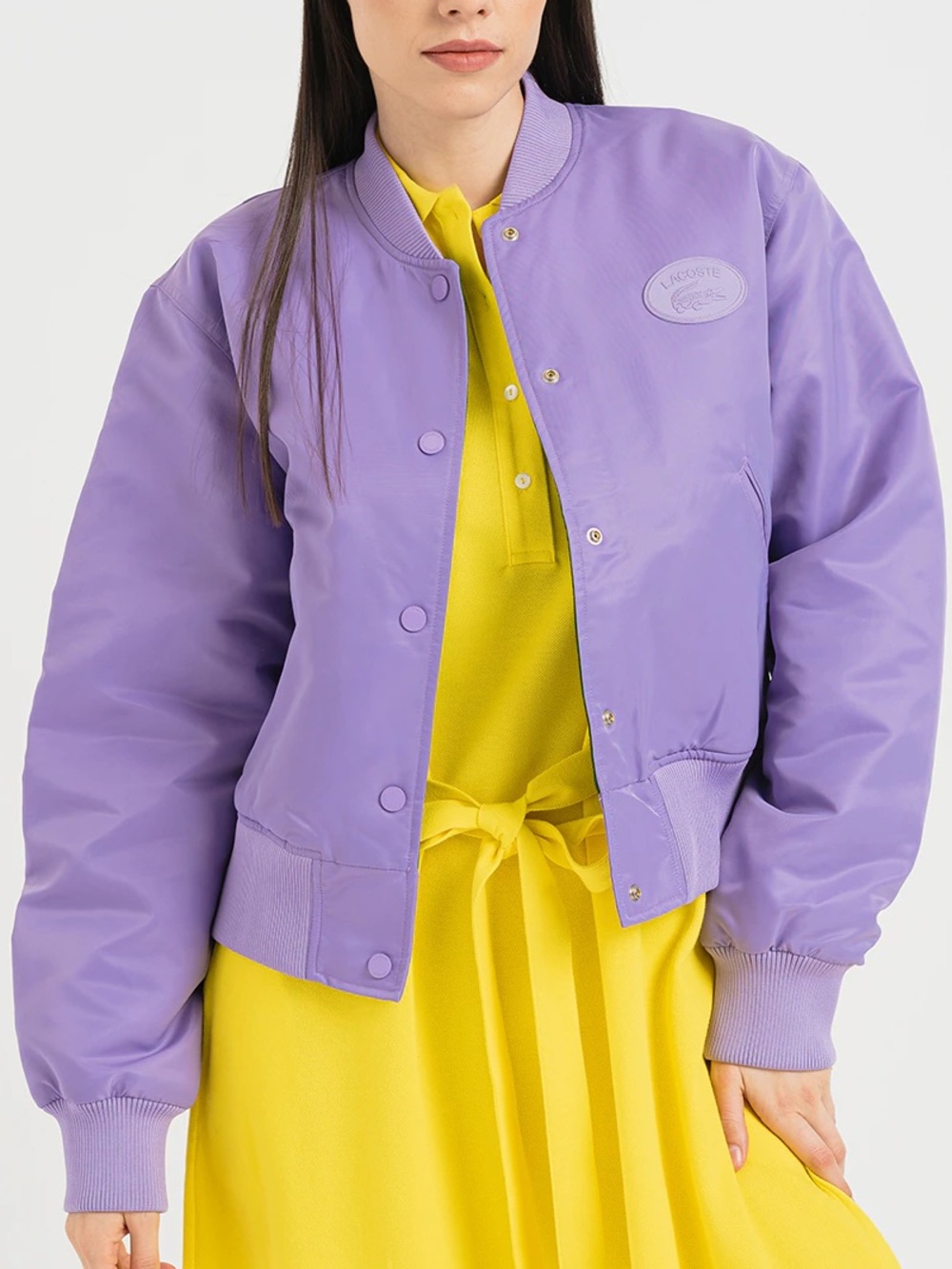 NWOT Lacoste Damen Lavender crop padded Bomber Jacket nylon patch 36